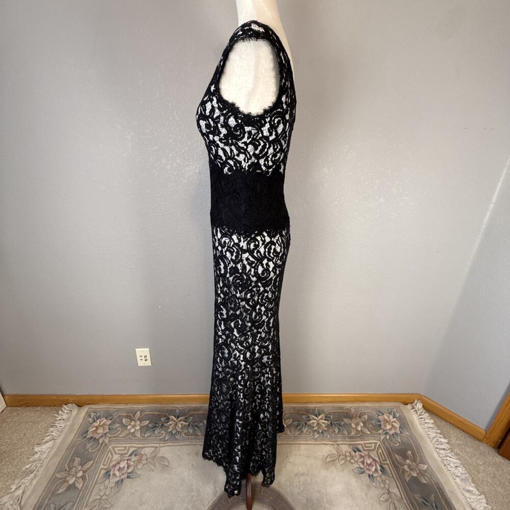 Tadashi Shoji Contrast Waist Black Lace Gown Maxi Dress Size 6 V-Neck Mermaid - Picture 4 of 10